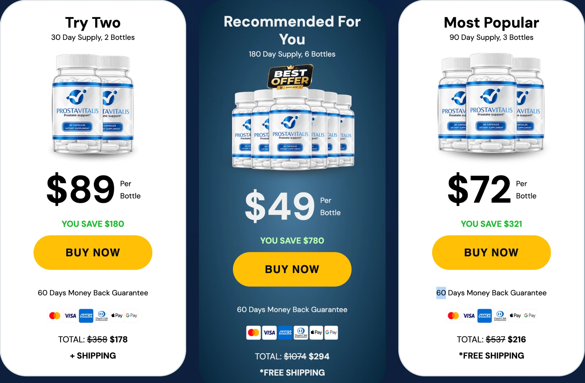 ProstaVitalis pricing: 2, 3 and 6-bottle packages with best value on 180-day supply